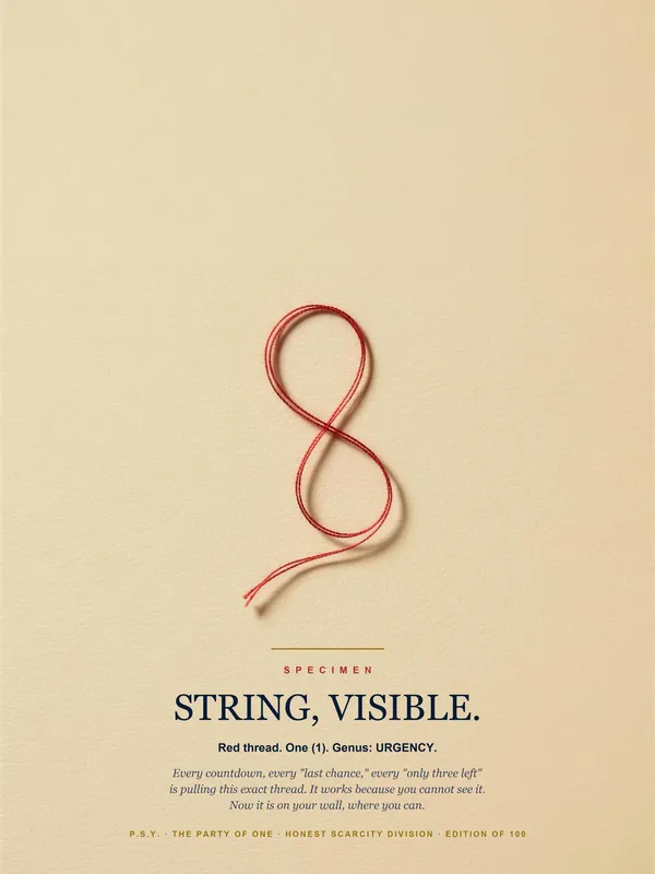 The Labeled String — specimen poster: a single red thread above a museum label reading STRING, VISIBLE.